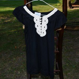 Anthropologie Crocheted Neck Black, Cream Top